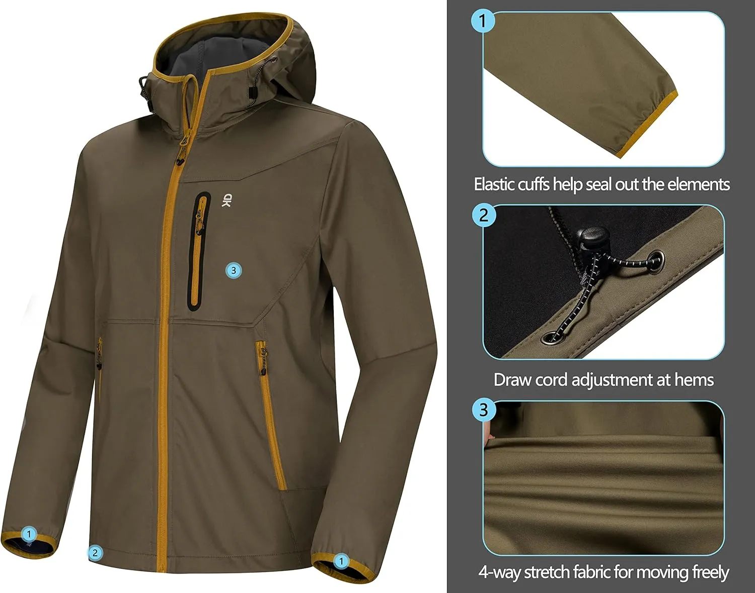 Little Donkey Andy Men's Lightweight Hooded Softshell Jacket for Running Travel Hiking, Windproof Outerwear, Water Repellent