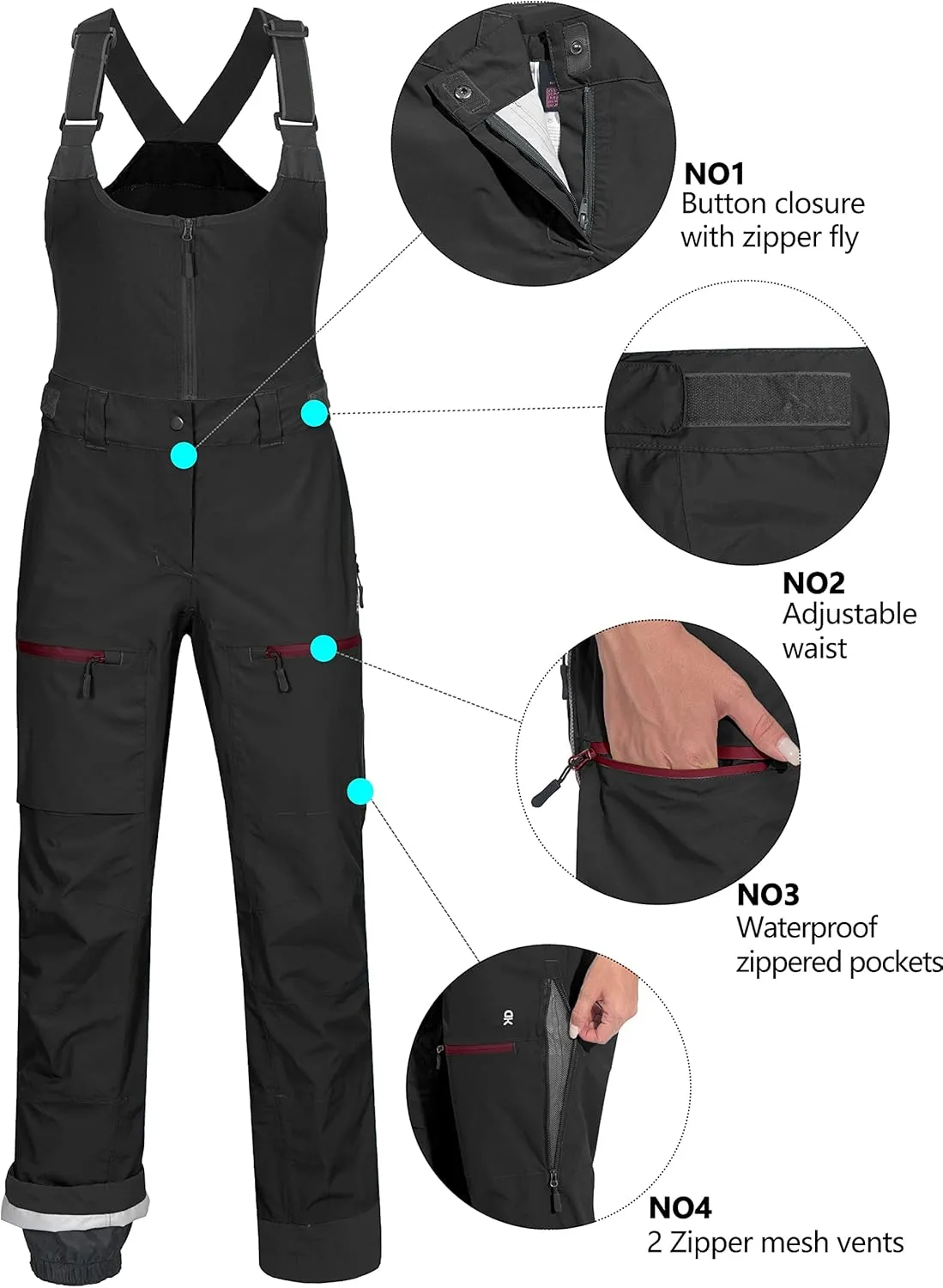 Little Donkey Andy Women's Waterproof Snow Ski Bib Pants Winter Snowboard Overalls Ripstop Snowpants for Fishing Outdoor