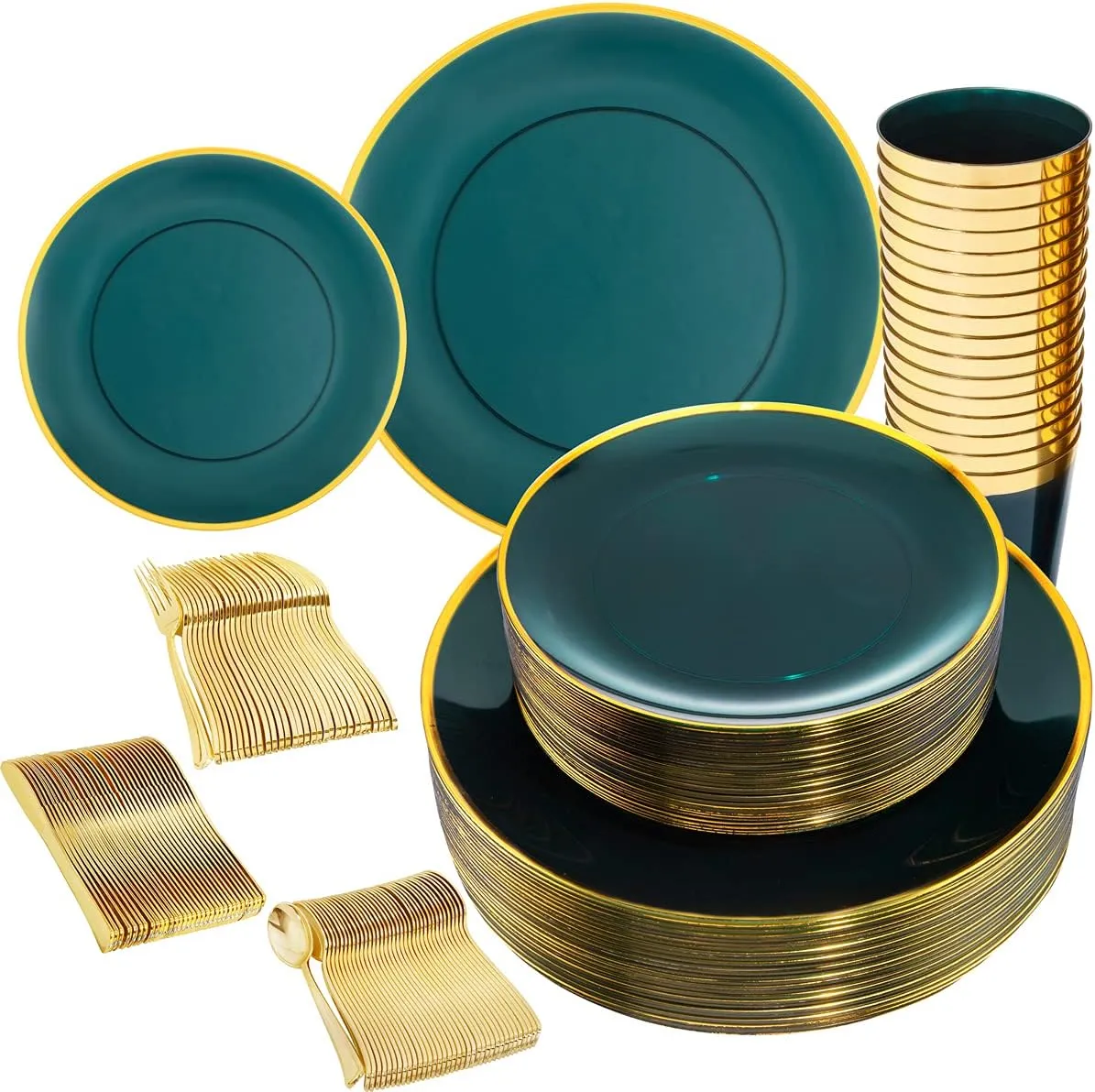 LIYH 180 Pcs Clear and Green Gold Plastic Plates - Emerald Green Disposable Plastic Dinnerware Sets, Include Dishes, Tableware, Cups for Party & Wedding 30 Guests
