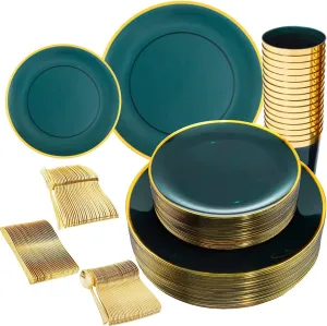 LIYH 180 Pcs Clear and Green Gold Plastic Plates - Emerald Green Disposable Plastic Dinnerware Sets, Include Dishes, Tableware, Cups for Party & Wedding 30 Guests
