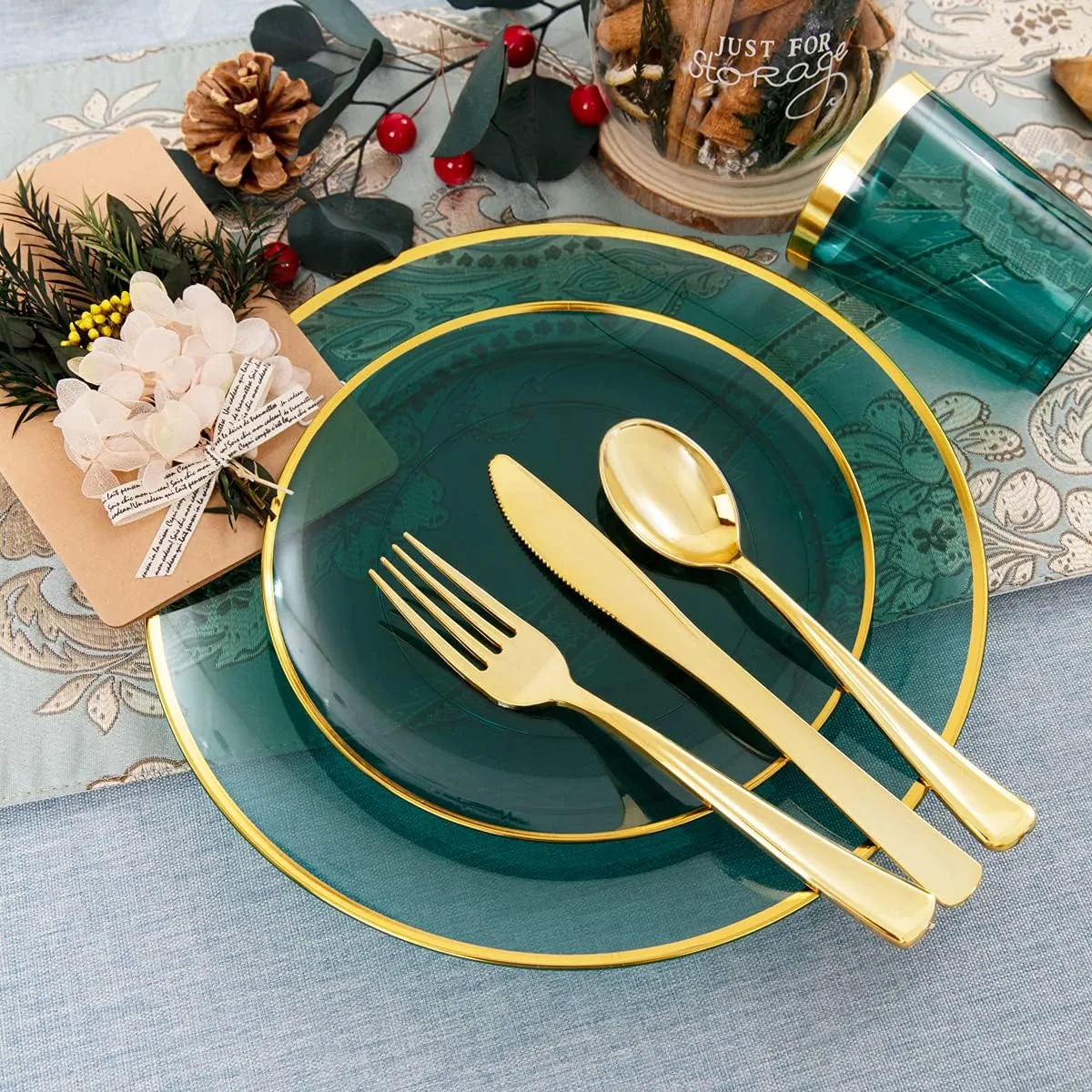 LIYH 180 Pcs Clear and Green Gold Plastic Plates - Emerald Green Disposable Plastic Dinnerware Sets, Include Dishes, Tableware, Cups for Party & Wedding 30 Guests