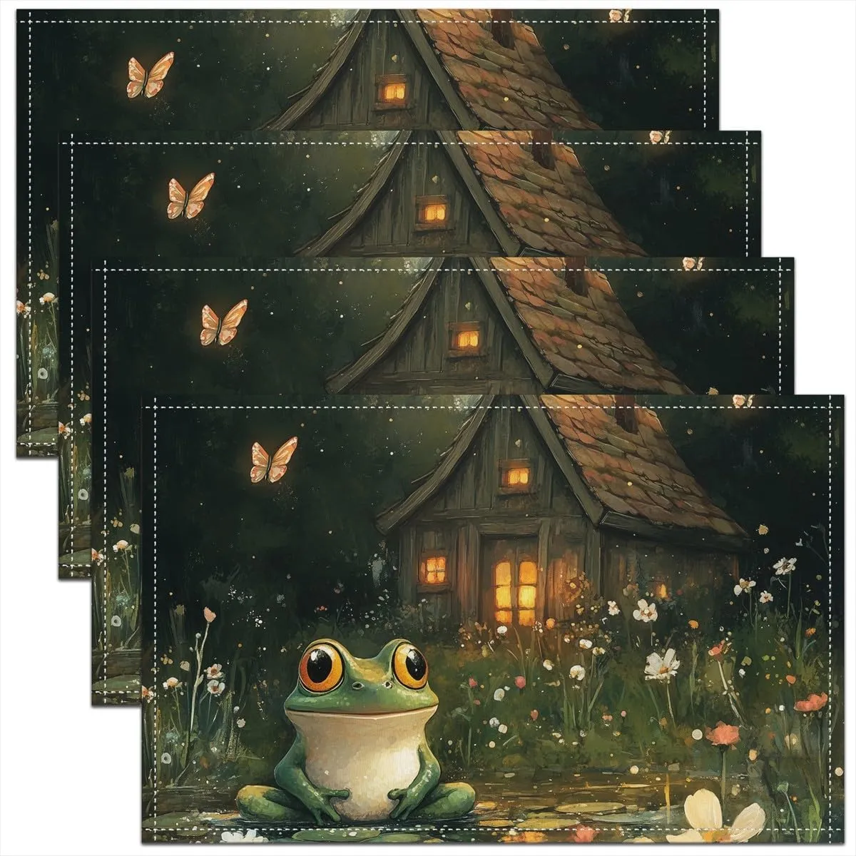 Lodge Frog Placemat Set of 4(12"x18"),Rustic Cabin Jungle Wild Animal Starry Outdoor Indoor Place Mats,Nature Daisy Flowers Lake Lotus Leaves Washable Table Mats,Personalized Gifts