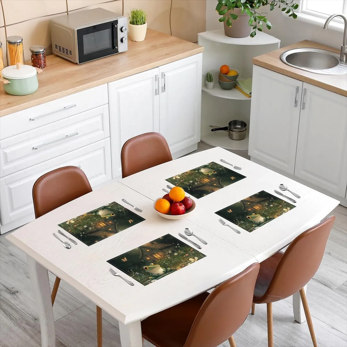 Lodge Frog Placemat Set of 4(12"x18"),Rustic Cabin Jungle Wild Animal Starry Outdoor Indoor Place Mats,Nature Daisy Flowers Lake Lotus Leaves Washable Table Mats,Personalized Gifts