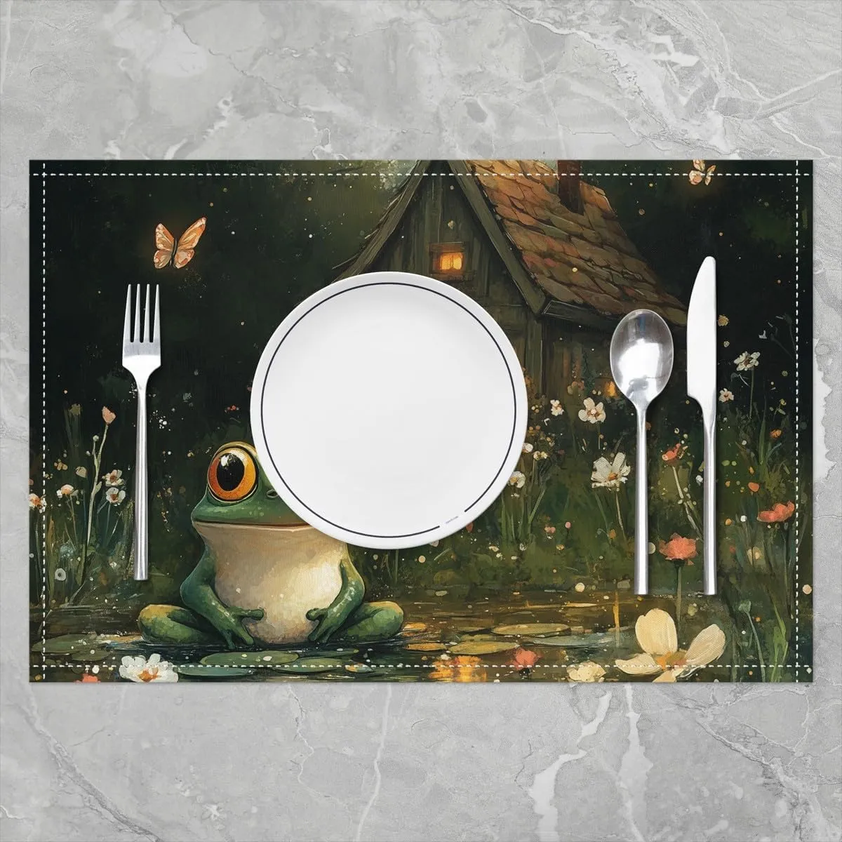 Lodge Frog Placemat Set of 4(12"x18"),Rustic Cabin Jungle Wild Animal Starry Outdoor Indoor Place Mats,Nature Daisy Flowers Lake Lotus Leaves Washable Table Mats,Personalized Gifts