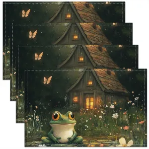 Lodge Frog Placemat Set of 4(12"x18"),Rustic Cabin Jungle Wild Animal Starry Outdoor Indoor Place Mats,Nature Daisy Flowers Lake Lotus Leaves Washable Table Mats,Personalized Gifts