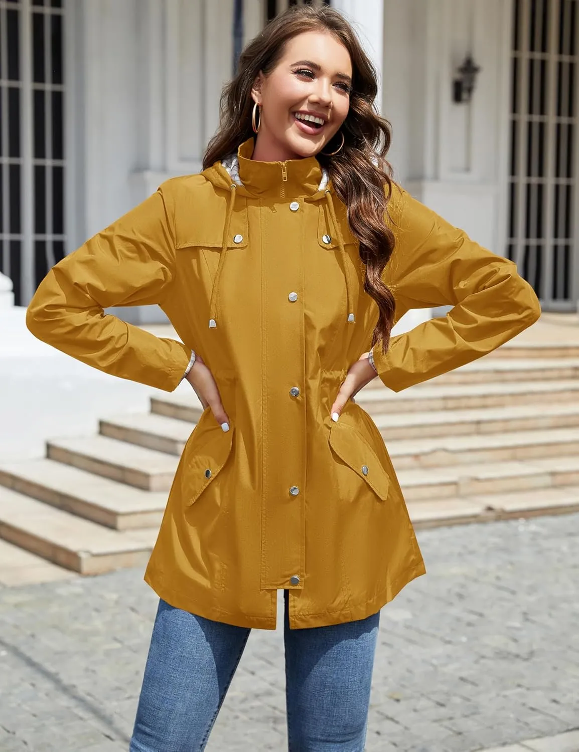 LOMON Women Waterproof Outdoor Hiking Raincoat Women Lined Rain Jacket Lightweight Hooded Jackets Trench Coats