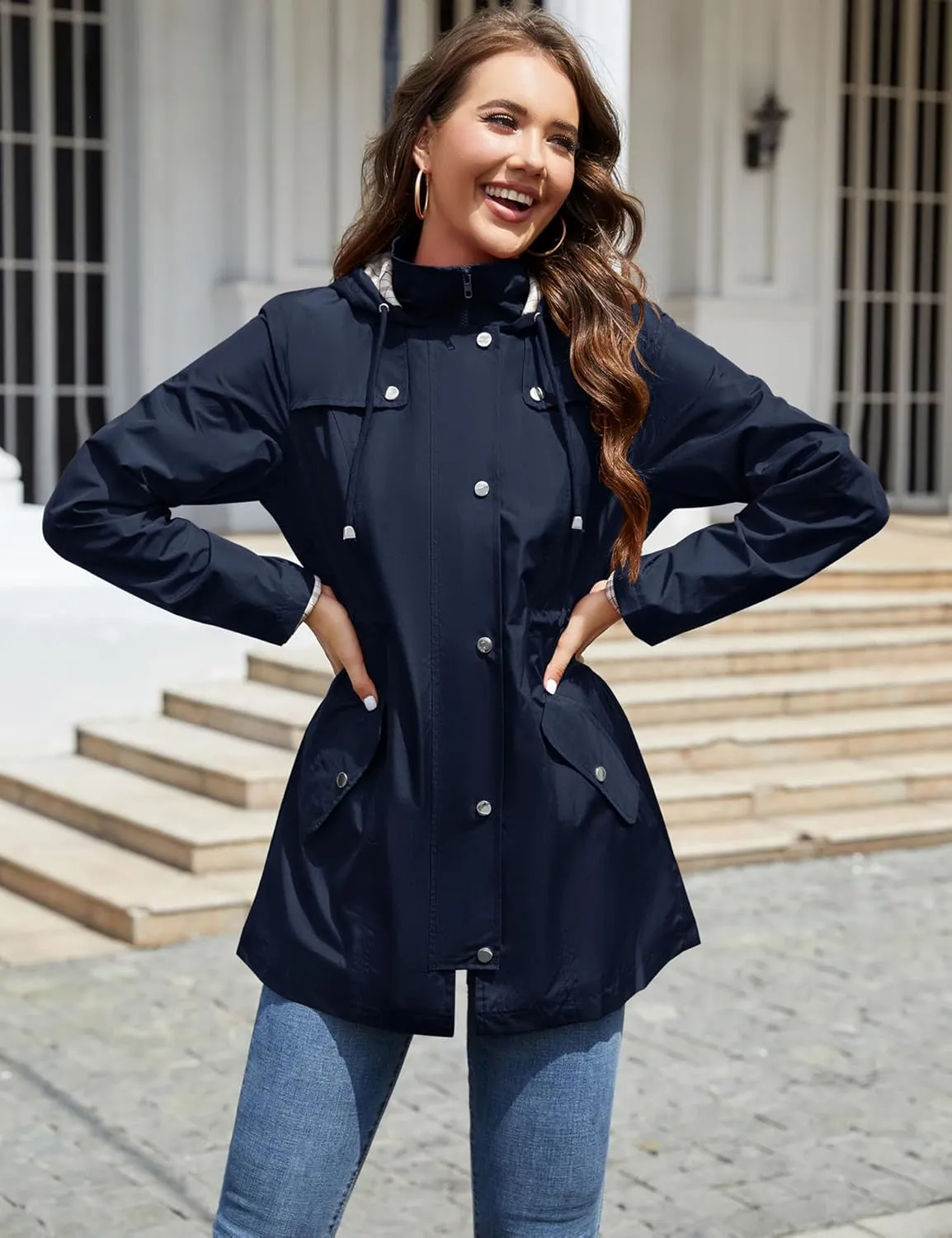 LOMON Women Waterproof Outdoor Hiking Raincoat Women Lined Rain Jacket Lightweight Hooded Jackets Trench Coats
