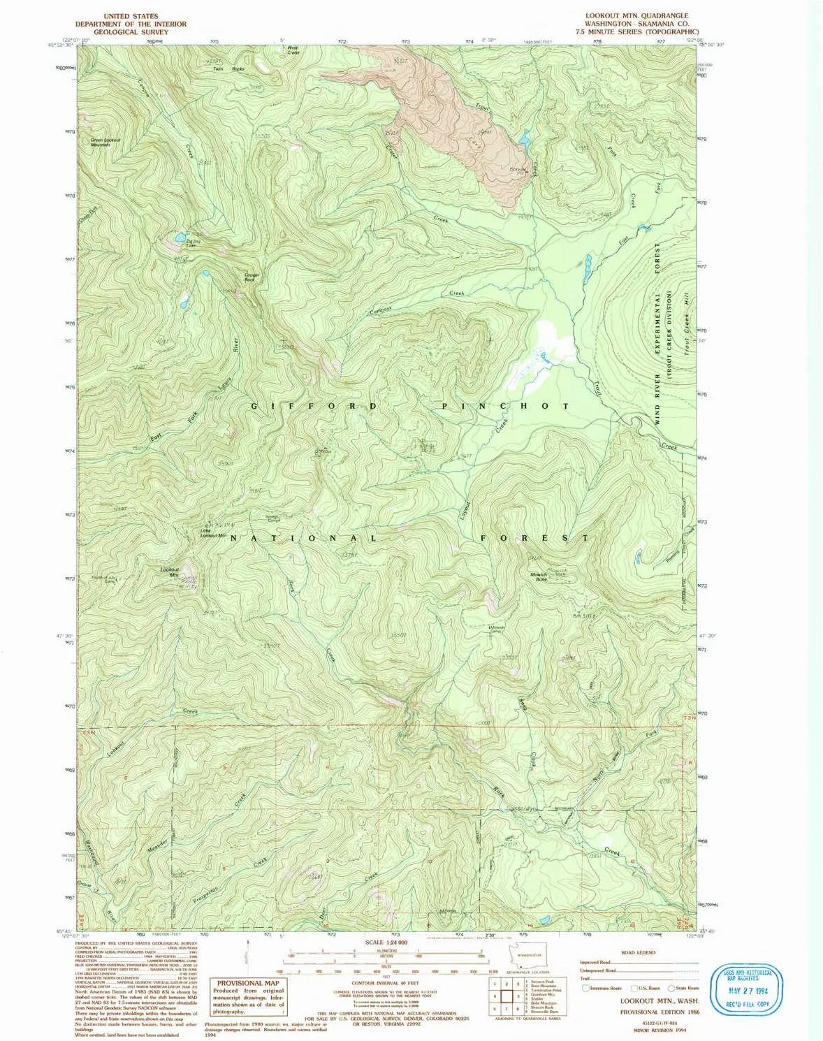 Lookout MTN WA topo map, 1:24000 Scale, 7.5 X 7.5 Minute, Historical, 1986, Updated 1994, 27 x 22 in