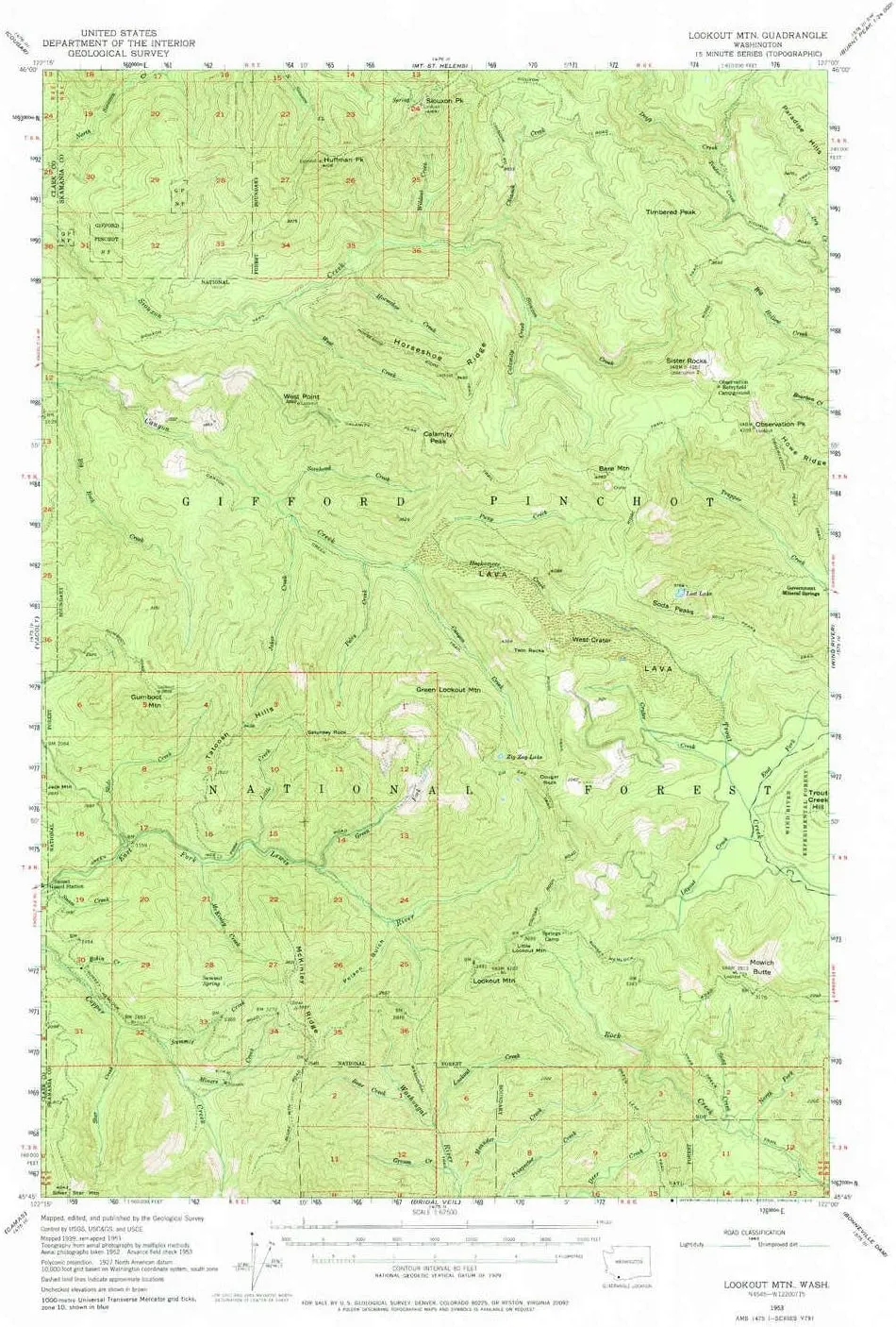 Lookout MTN WA topo map, 1:62500 Scale, 15 X 15 Minute, Historical, 1953, Updated 1975, 22 x 17 in