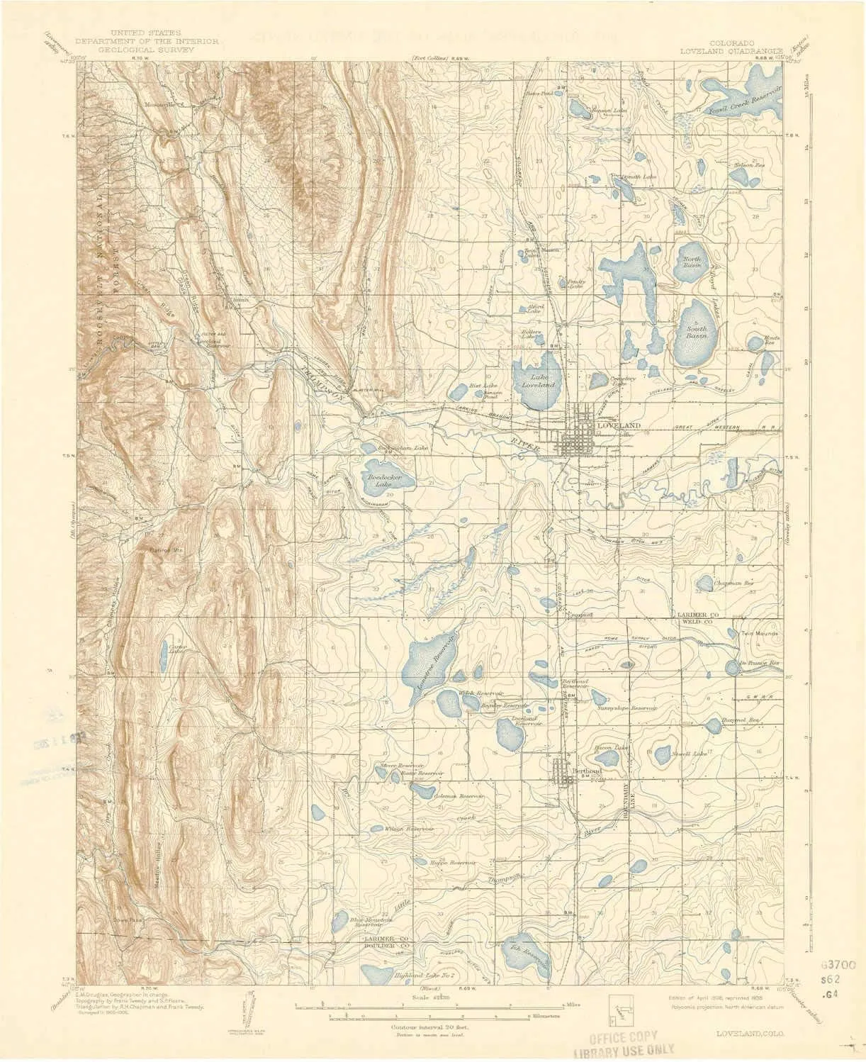 Loveland CO topo map, 1:62500 Scale, 15 X 15 Minute, Historical, 1908, Updated 1939, 20.1 x 16.4 in