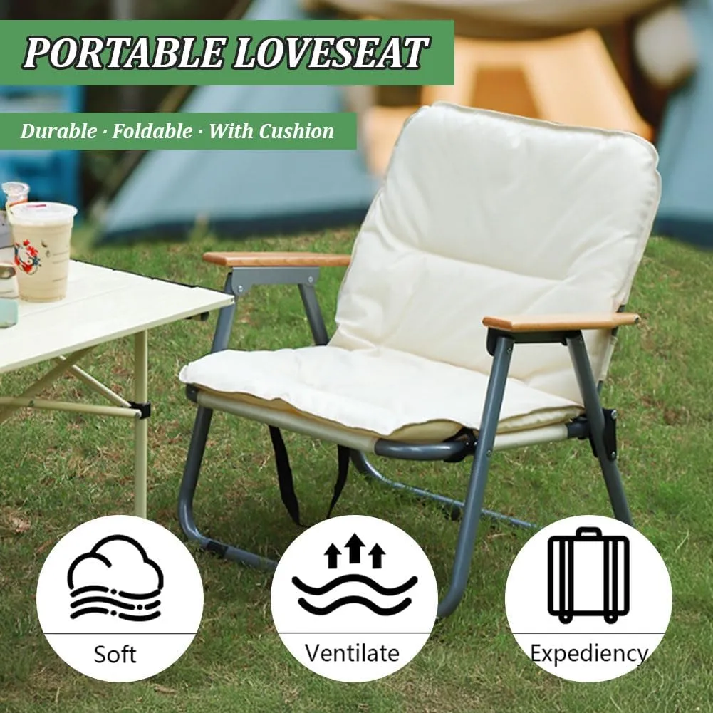 Loveseat Camping Chair for Adults, Heavy Duty Double Seat Camp Chair for 2 Person, Portable Camping Couch with Wood Armrest, for Backpacking, Beach, Sports Travel, Black