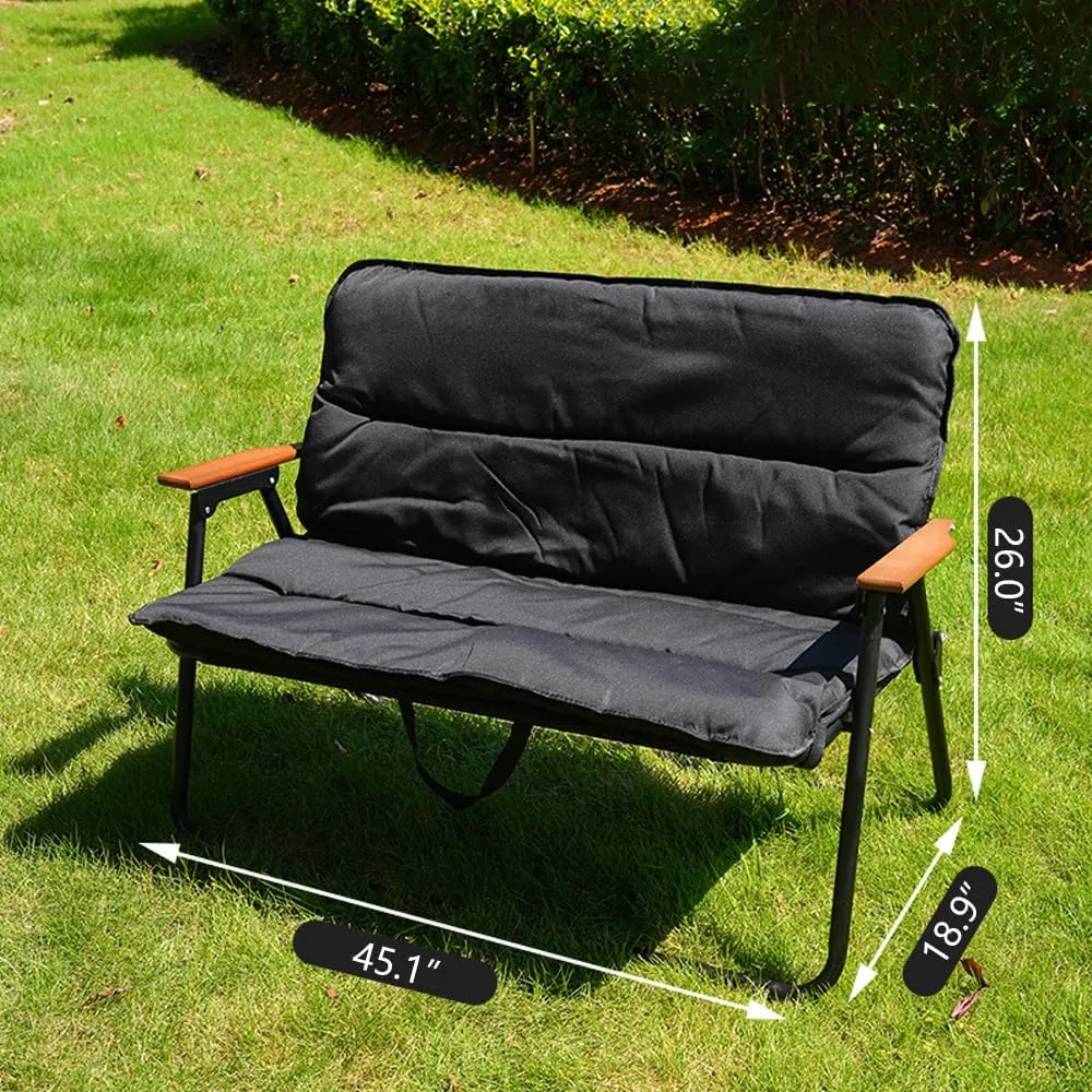 Loveseat Camping Chair for Adults, Heavy Duty Double Seat Camp Chair for 2 Person, Portable Camping Couch with Wood Armrest, for Backpacking, Beach, Sports Travel, Black
