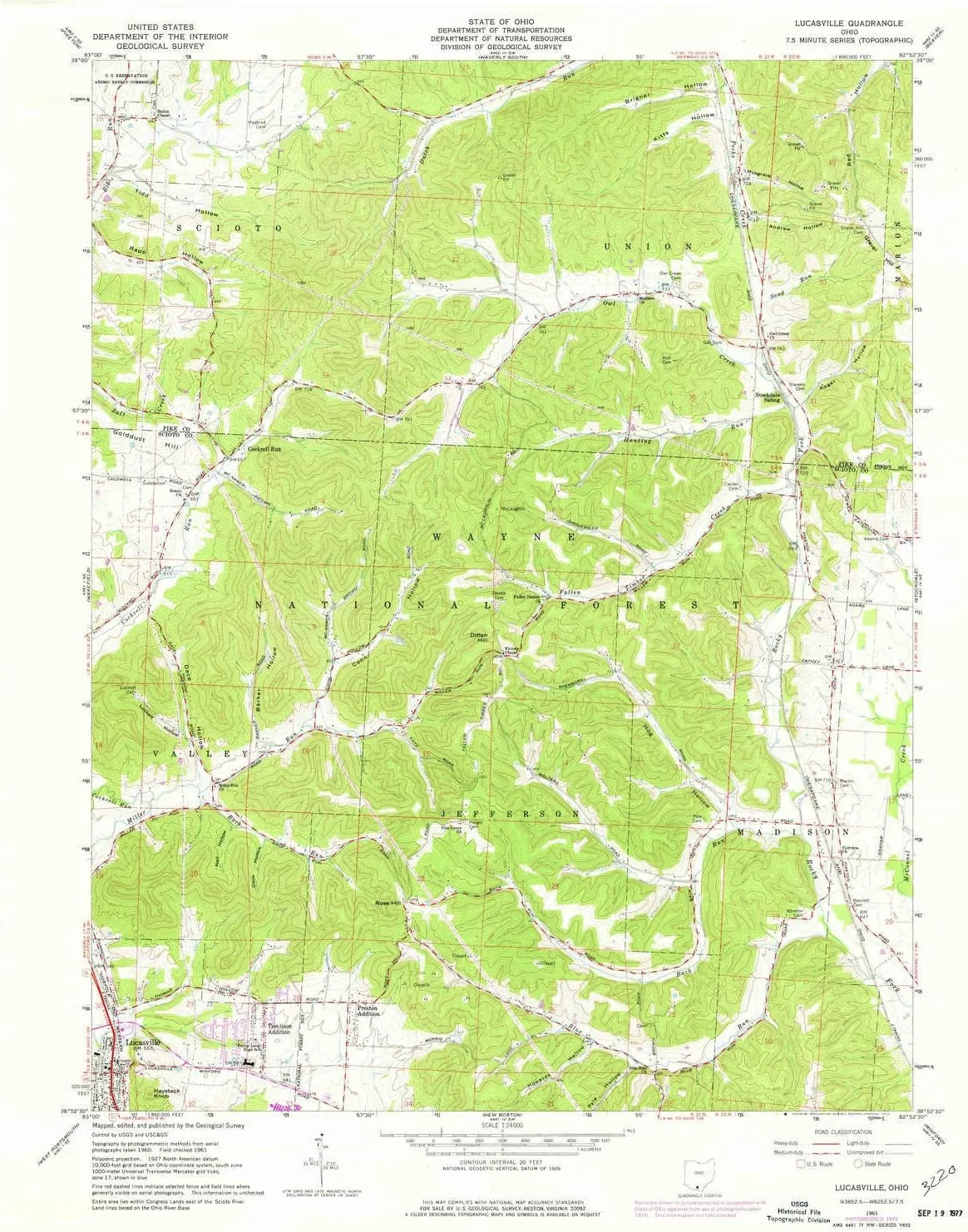 Lucasville OH topo map, 1:24000 Scale, 7.5 X 7.5 Minute, Historical, 1961, Updated 1977, 26.9 x 22.1 in