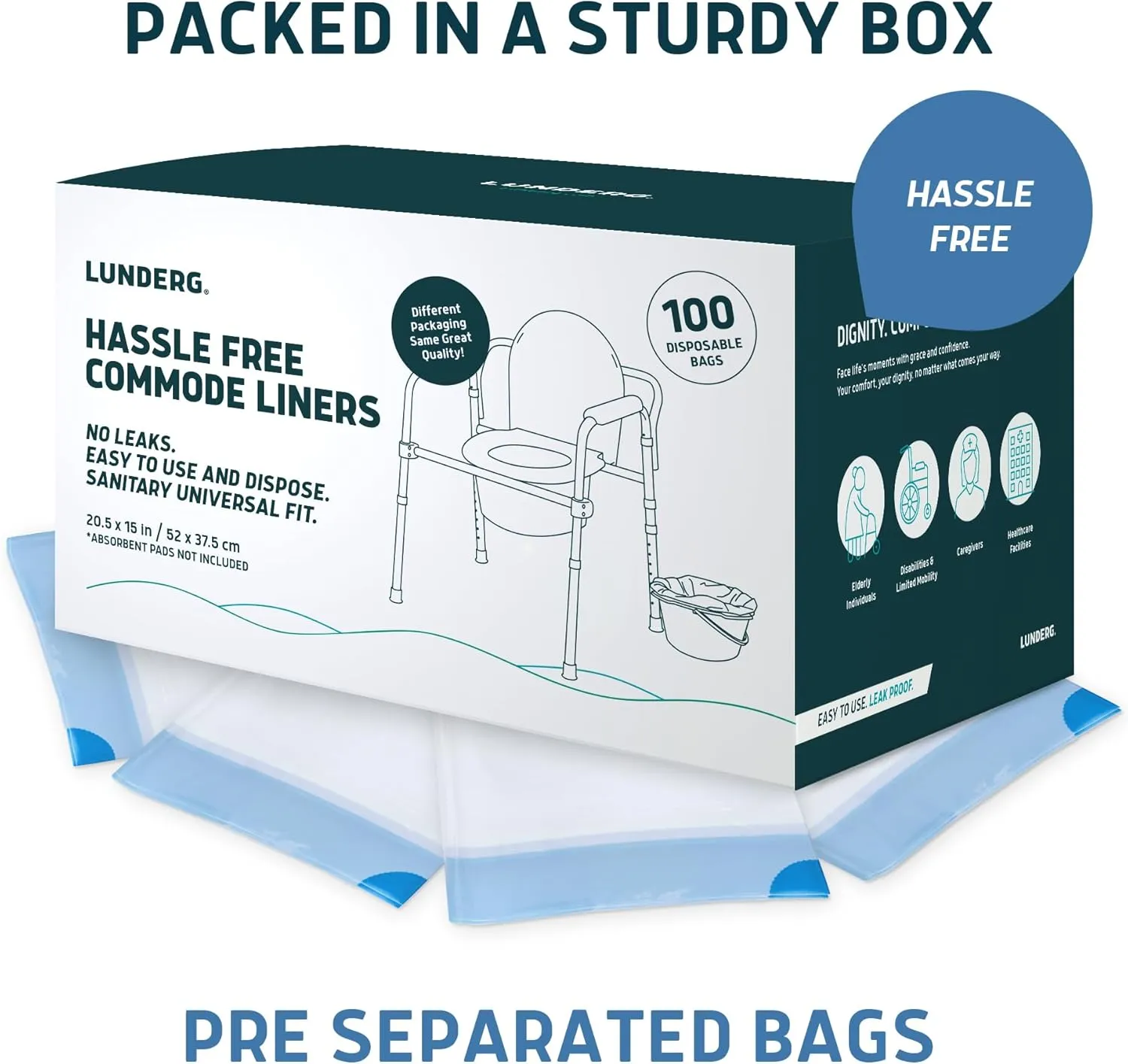Lunderg Commode Liners - Value Pack 100 Count Universal Fit - Medical Grade Bedside Liners Disposable for Adult Commode Chair, Portable or Camping Toilet Bags