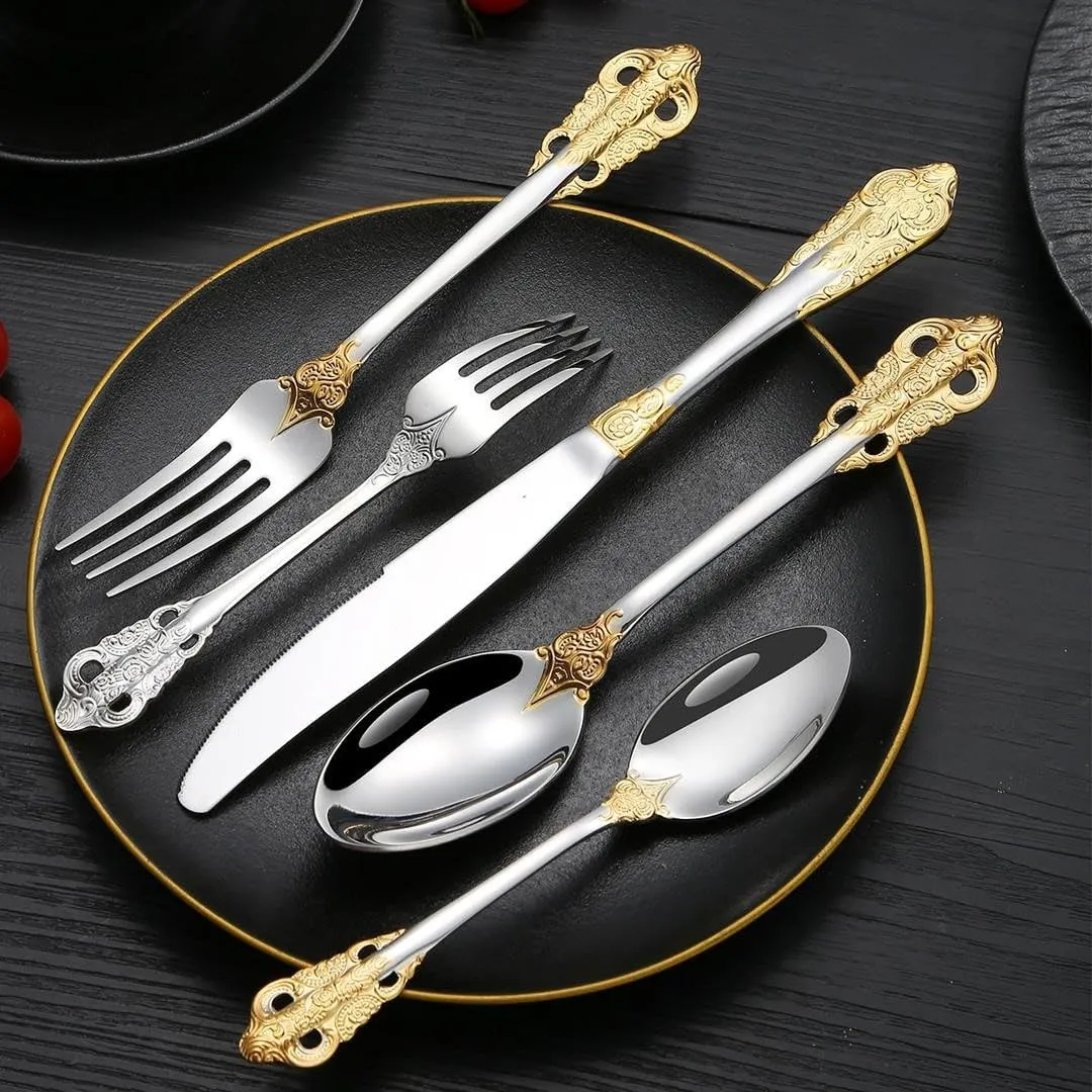 Luxury 30 Pcs Silverware Set, Royal Flatware Set, Modern 304 Stainless Steel Flatware, Cutlery, Tableware. Serving 6. (Gold & Silver)