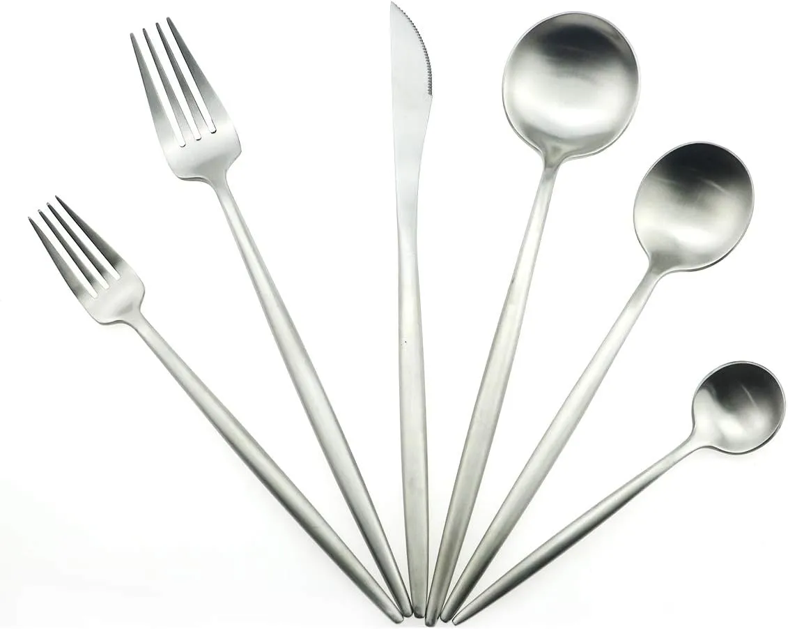 Luxury Silverware Royal Cutlery Set - 24 Pieces Flatware Set - Service For 4 Silver 18/10 Stainless Steel - Matte Finish with Drinking Straw