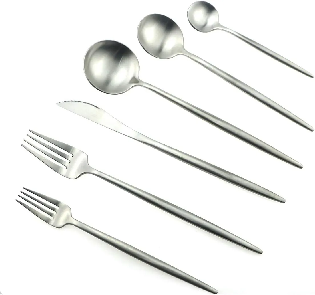 Luxury Silverware Royal Cutlery Set - 24 Pieces Flatware Set - Service For 4 Silver 18/10 Stainless Steel - Matte Finish with Drinking Straw