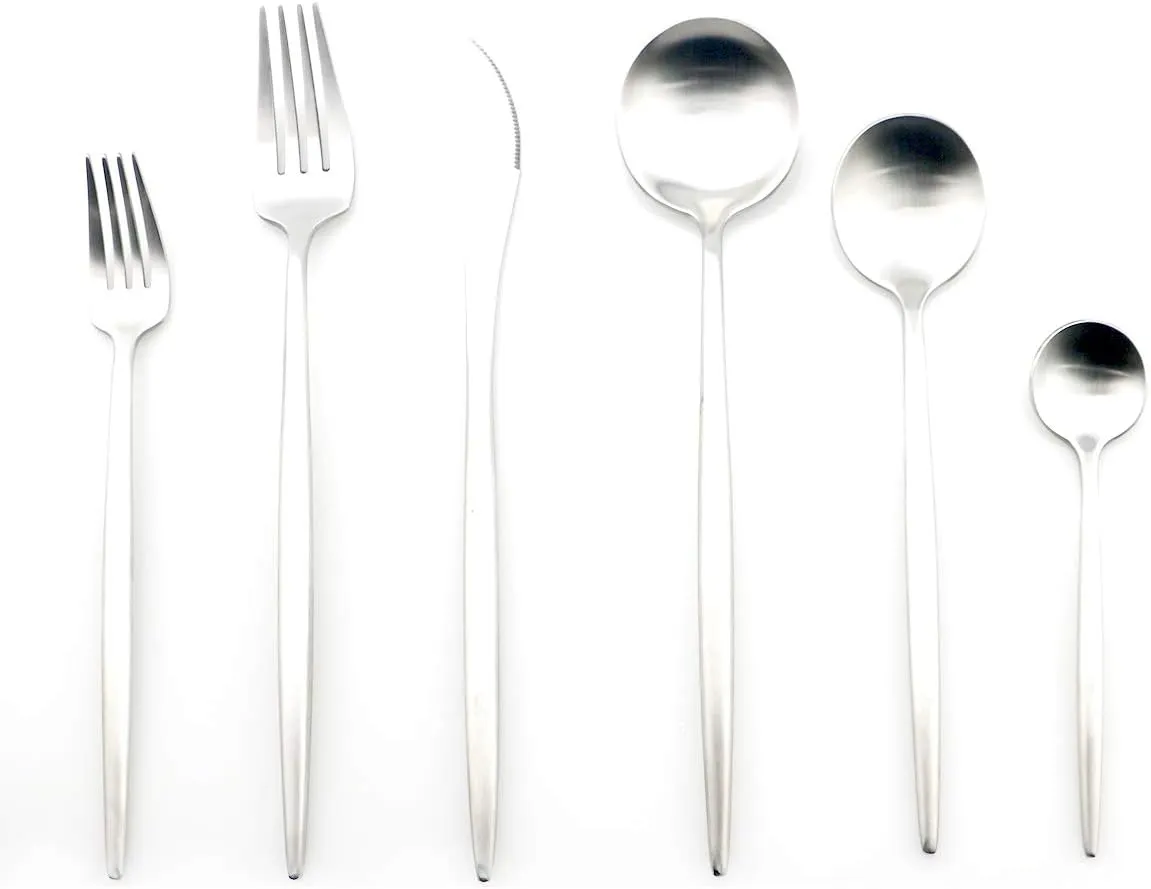 Luxury Silverware Royal Cutlery Set - 24 Pieces Flatware Set - Service For 4 Silver 18/10 Stainless Steel - Matte Finish with Drinking Straw