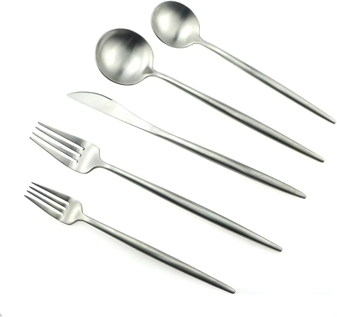 Luxury Silverware Royal Cutlery Set - 24 Pieces Flatware Set - Service For 4 Silver 18/10 Stainless Steel - Matte Finish with Drinking Straw