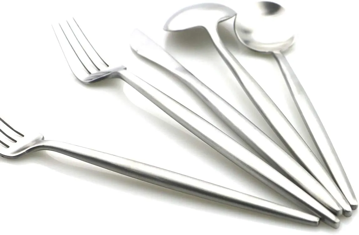 Luxury Silverware Royal Cutlery Set - 24 Pieces Flatware Set - Service For 4 Silver 18/10 Stainless Steel - Matte Finish with Drinking Straw