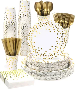 Lzerking Party Supplies 364 Pcs, White and Gold Dots Party Plates Cups, Napkins with Plastic Knives forks spoons, Disposable Tableware Sets for 52 Guests for Birthday, Graduation, Wedding, Festivals