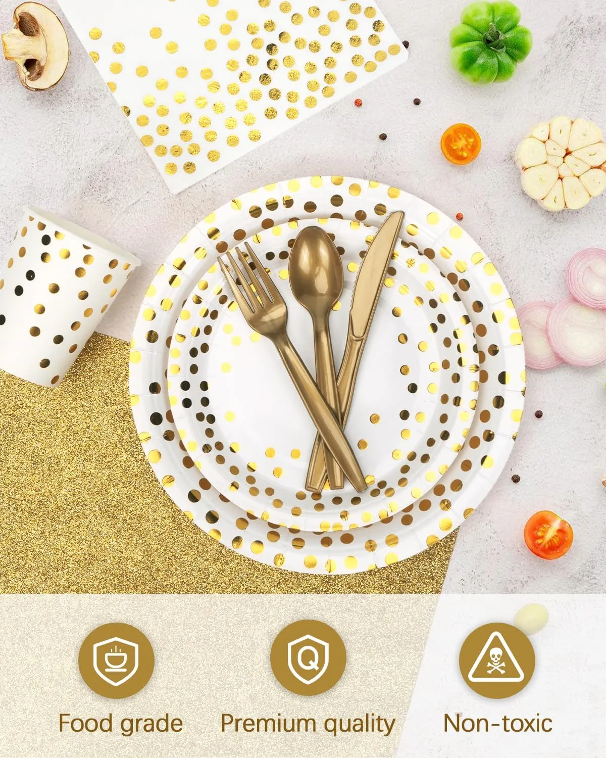 Lzerking Party Supplies 364 Pcs, White and Gold Dots Party Plates Cups, Napkins with Plastic Knives forks spoons, Disposable Tableware Sets for 52 Guests for Birthday, Graduation, Wedding, Festivals