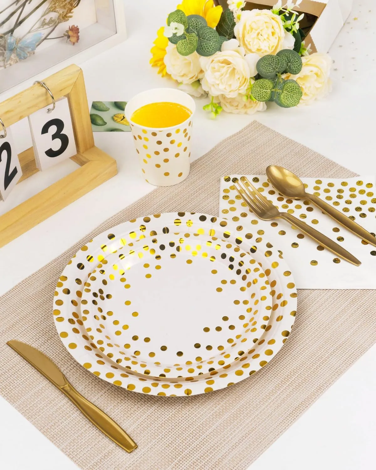 Lzerking Party Supplies 364 Pcs, White and Gold Dots Party Plates Cups, Napkins with Plastic Knives forks spoons, Disposable Tableware Sets for 52 Guests for Birthday, Graduation, Wedding, Festivals