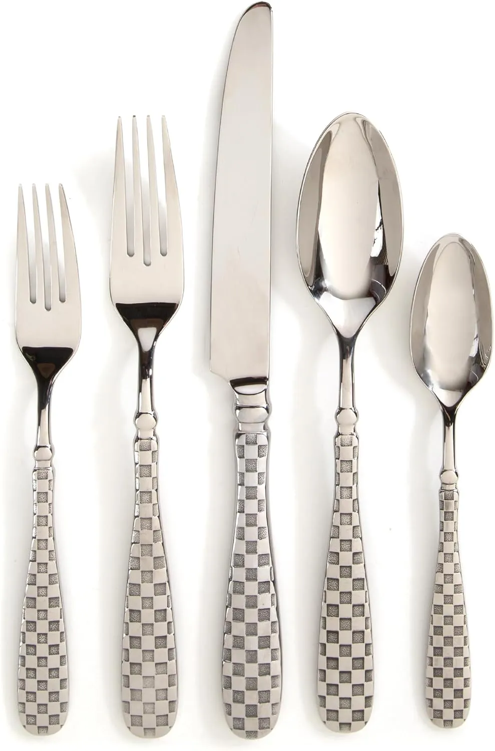 MACKENZIE-CHILDS 5-Piece Flatware Set, Cute Silverware Set with Salad Fork, Dinner Fork, Knife, Spoon, and Teaspoon, Check