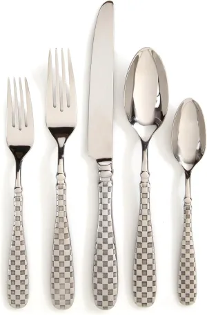 MACKENZIE-CHILDS 5-Piece Flatware Set, Cute Silverware Set with Salad Fork, Dinner Fork, Knife, Spoon, and Teaspoon, Check