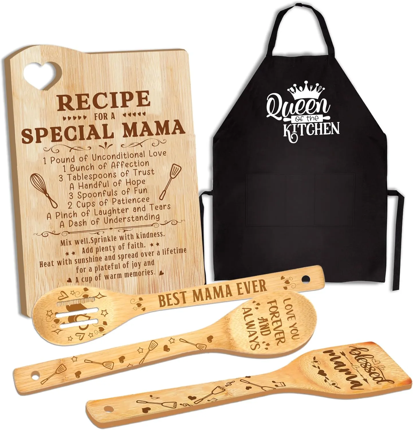 Mama Gifts, Mothers Day Mom Gift Idea, Gift for Mom Wooden Cutting Board with Cooking Utensils Set with Apron Set, Happy Mothers Day Mom Kitchen Present