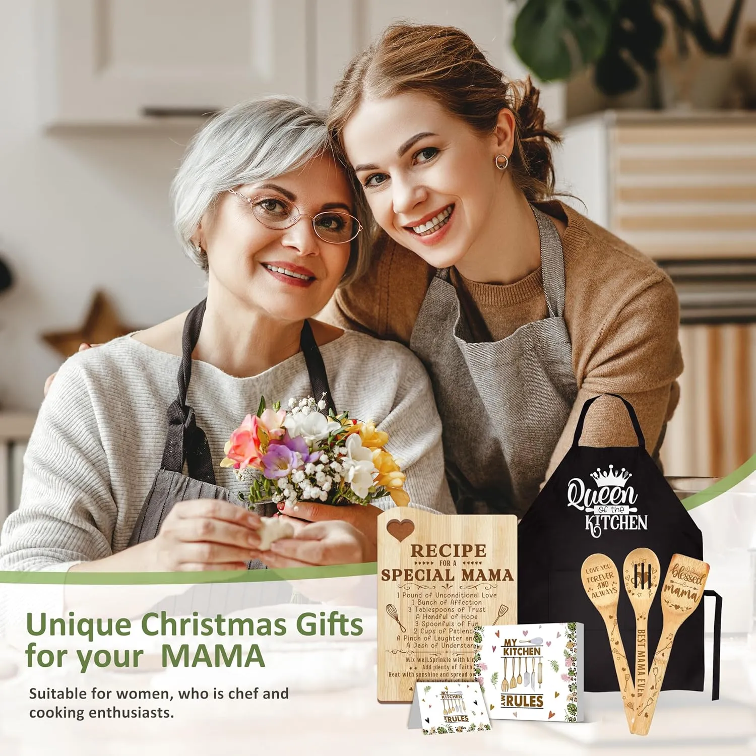 Mama Gifts, Mothers Day Mom Gift Idea, Gift for Mom Wooden Cutting Board with Cooking Utensils Set with Apron Set, Happy Mothers Day Mom Kitchen Present