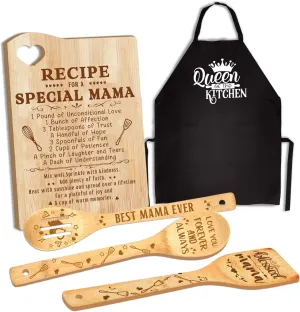 Mama Gifts, Mothers Day Mom Gift Idea, Gift for Mom Wooden Cutting Board with Cooking Utensils Set with Apron Set, Happy Mothers Day Mom Kitchen Present