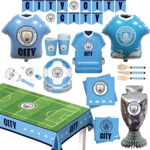 Manchester City FC Official Party Supplies Box, All in one 77 Pcs for 6 guests | incl. Disposable Tableware, Featuring Cultery, Decorations, Jersey Foil Balloons, Party Favors