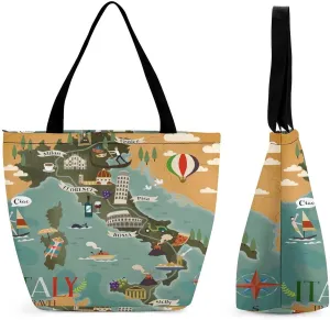 Map of Italy Attraction Symbols Compass Landmarks Sign Large Fashion Totes Bag Women's Casual Purses Work Handbags Shopping Bag
