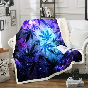 Marijuana Leaves Flannel Blanket Teens Cannabis Galaxy Sherpa Blanket For Women Men Youth Marijuana Weed Leaves Throw Blanket Chic Purple Blue Plush Blanket Trippy Room Decor Queen 90"x90"