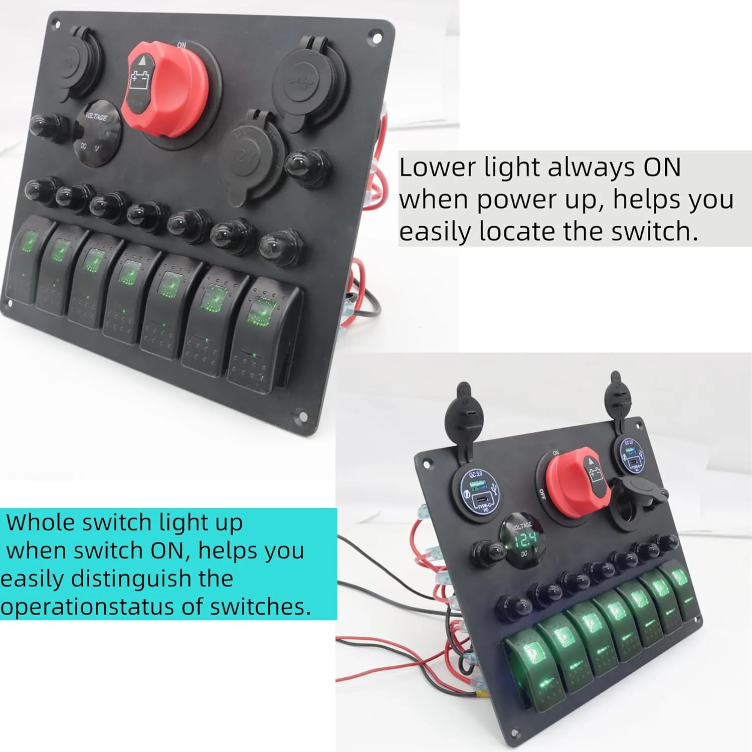 Marine Boat 7 Gang Rocker Switch Panel Waterproof with ON-Off Power Battery Isolator Kill Switch Car Cigarette Lighter QC3.0 USB Socket LED Voltmeter 15A Overload Protection (Green)