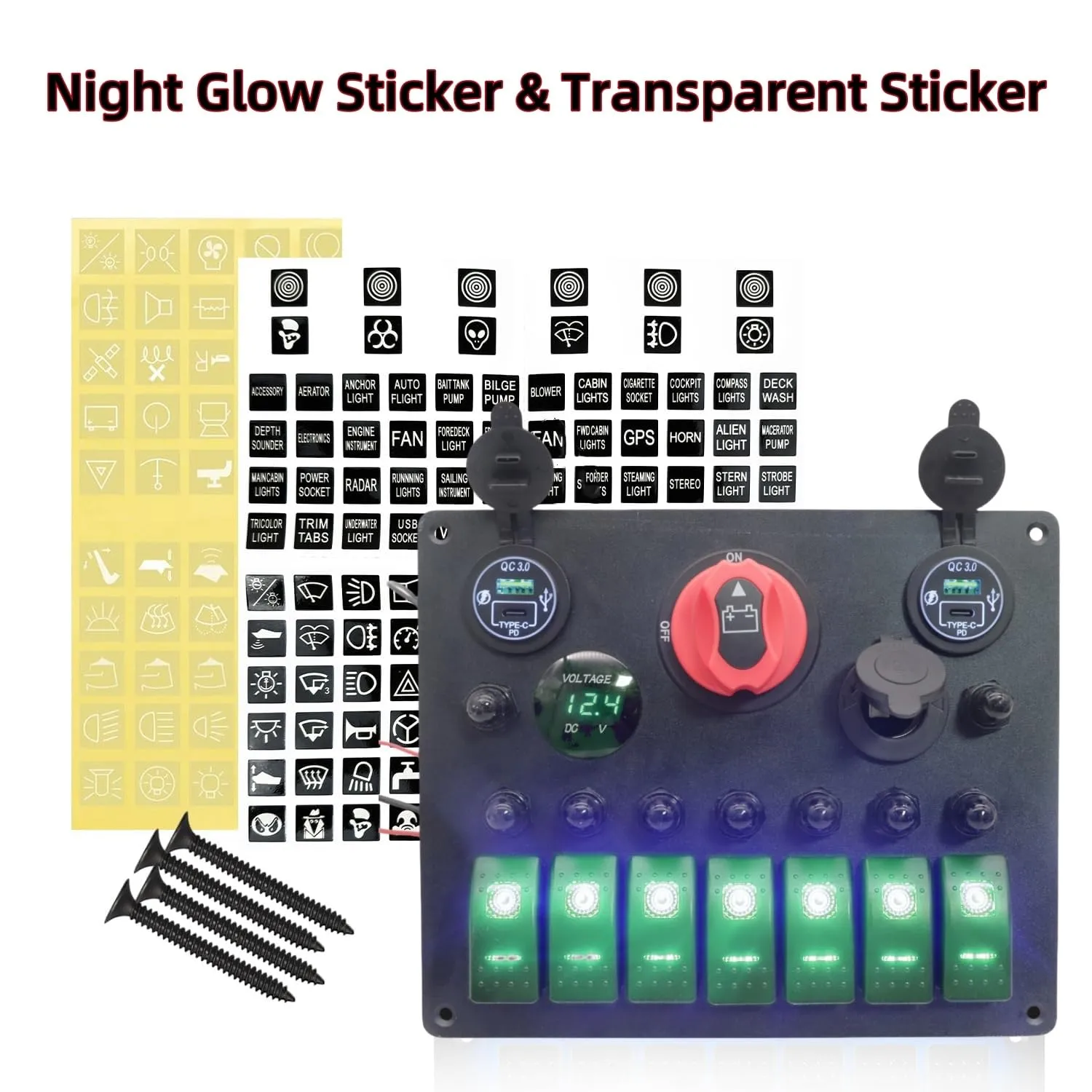 Marine Boat 7 Gang Rocker Switch Panel Waterproof with ON-Off Power Battery Isolator Kill Switch Car Cigarette Lighter QC3.0 USB Socket LED Voltmeter 15A Overload Protection (Green)