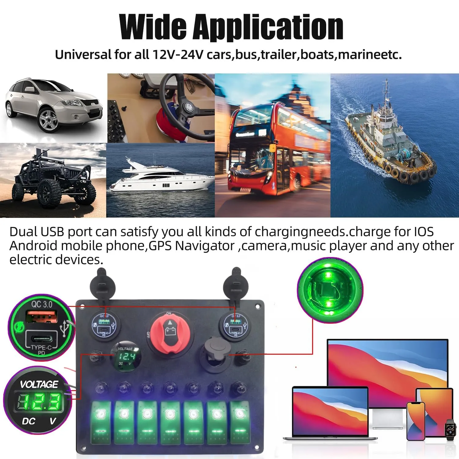 Marine Boat 7 Gang Rocker Switch Panel Waterproof with ON-Off Power Battery Isolator Kill Switch Car Cigarette Lighter QC3.0 USB Socket LED Voltmeter 15A Overload Protection (Green)