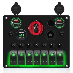 Marine Boat 7 Gang Rocker Switch Panel Waterproof with ON-Off Power Battery Isolator Kill Switch Car Cigarette Lighter QC3.0 USB Socket LED Voltmeter 15A Overload Protection (Green)