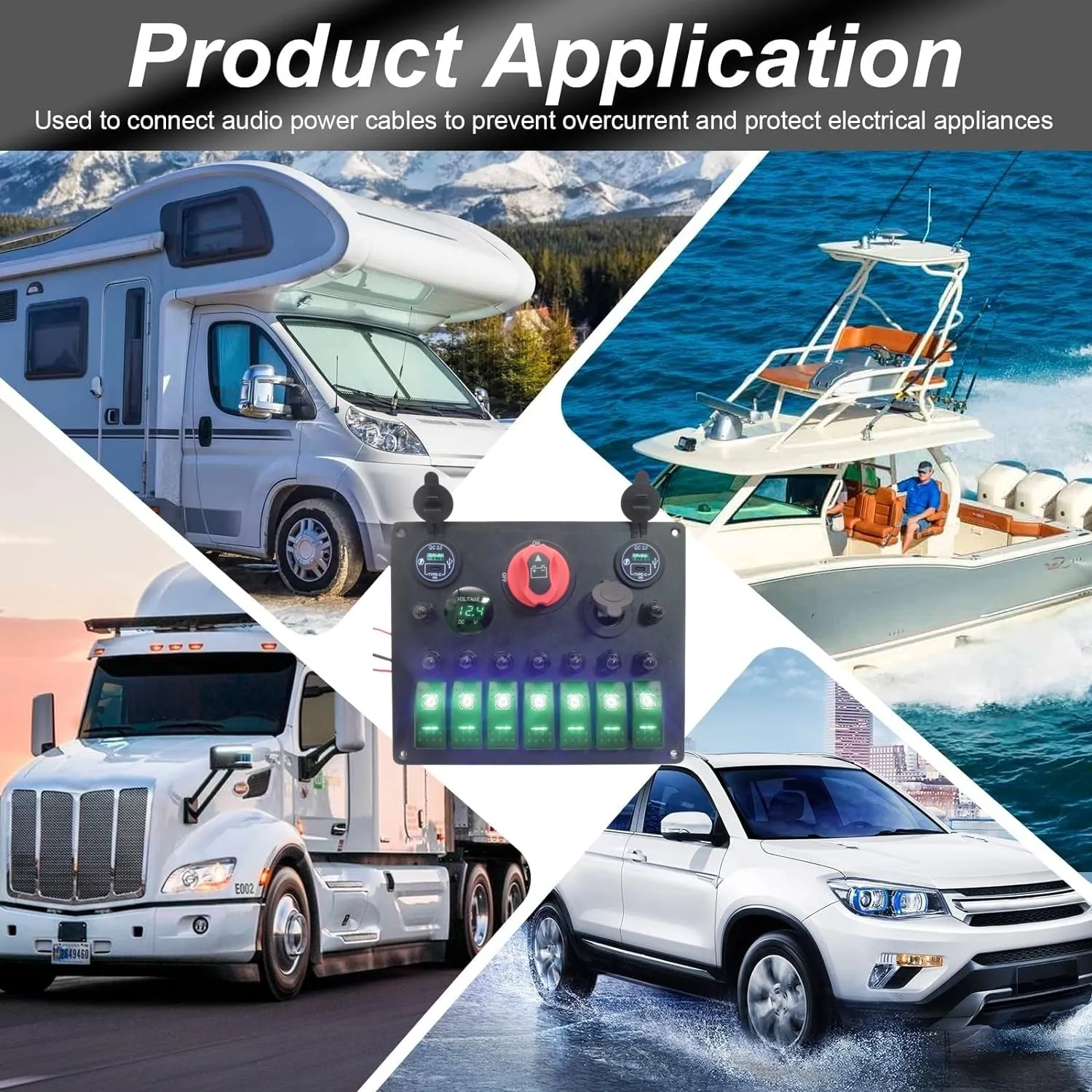 Marine Boat 7 Gang Rocker Switch Panel Waterproof with ON-Off Power Battery Isolator Kill Switch Car Cigarette Lighter QC3.0 USB Socket LED Voltmeter 15A Overload Protection (Green)
