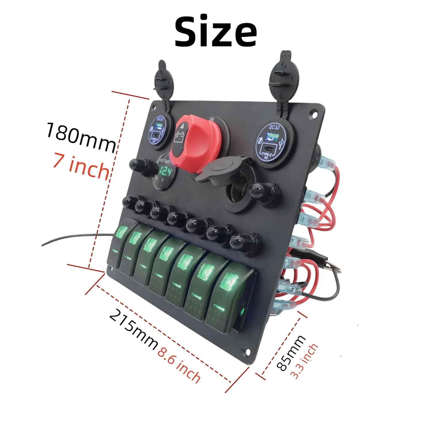 Marine Boat 7 Gang Rocker Switch Panel Waterproof with ON-Off Power Battery Isolator Kill Switch Car Cigarette Lighter QC3.0 USB Socket LED Voltmeter 15A Overload Protection (Green)