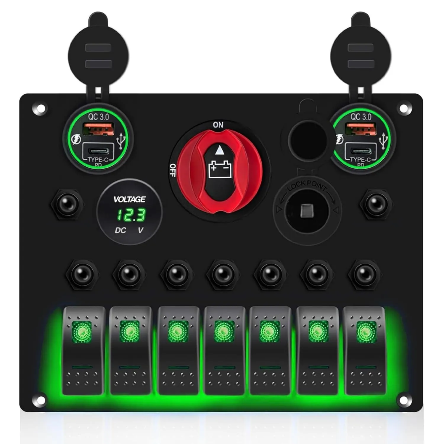 Marine Boat 7 Gang Rocker Switch Panel Waterproof with ON-Off Power Battery Isolator Kill Switch Car Cigarette Lighter QC3.0 USB Socket LED Voltmeter 15A Overload Protection (Green)