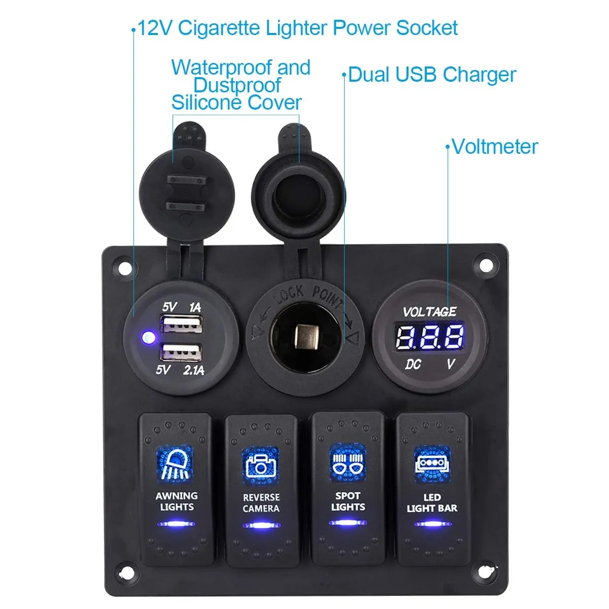 Marine Switch Panel IP65 Waterproof - 4 Gang Boat Switch Panel with 12V Voltmeter, 3.1A Dual USB Charger & Cigarette Lighter, Universal for Boats/RV/Trucks (Aluminum Panel   DIY Stickers)