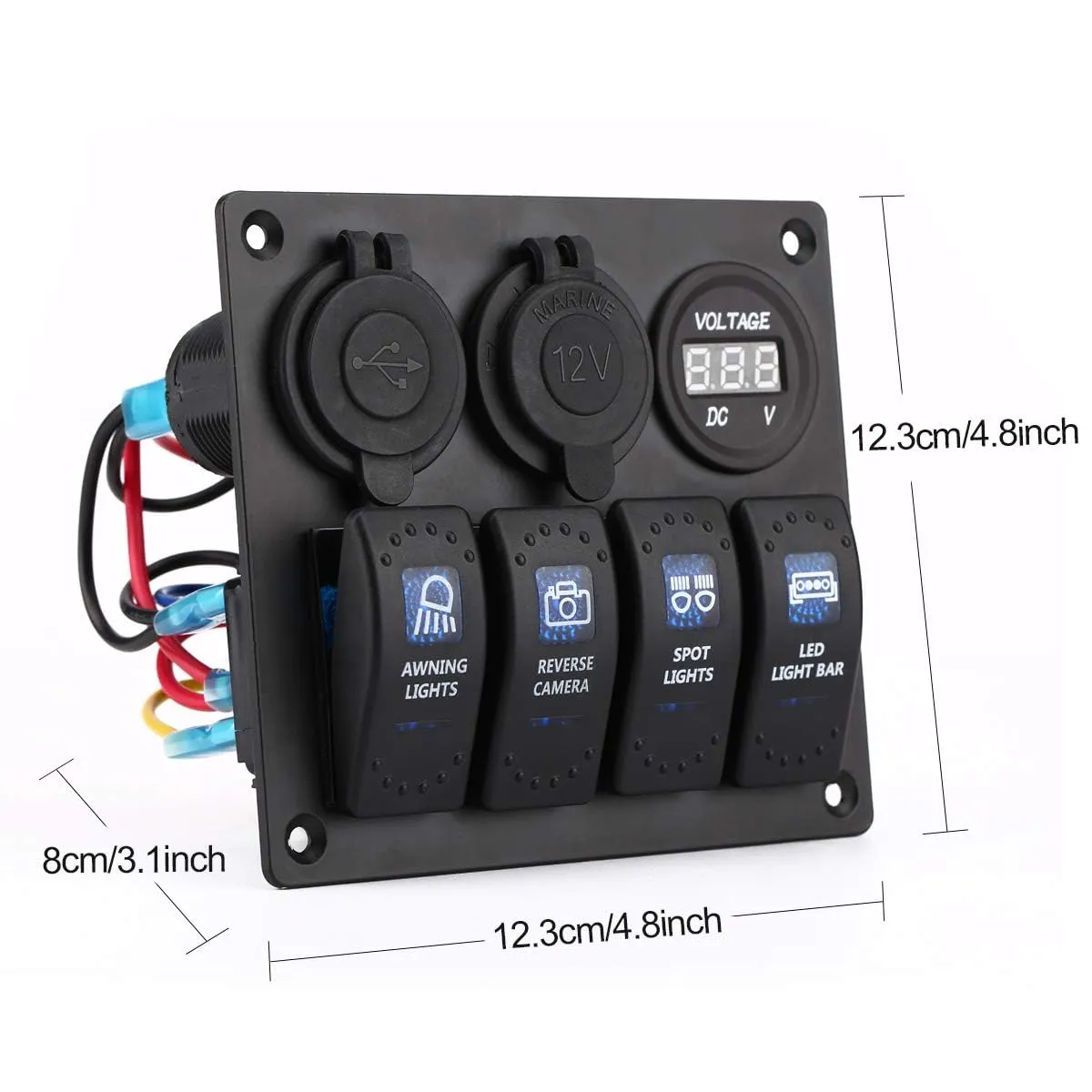 Marine Switch Panel IP65 Waterproof - 4 Gang Boat Switch Panel with 12V Voltmeter, 3.1A Dual USB Charger & Cigarette Lighter, Universal for Boats/RV/Trucks (Aluminum Panel   DIY Stickers)