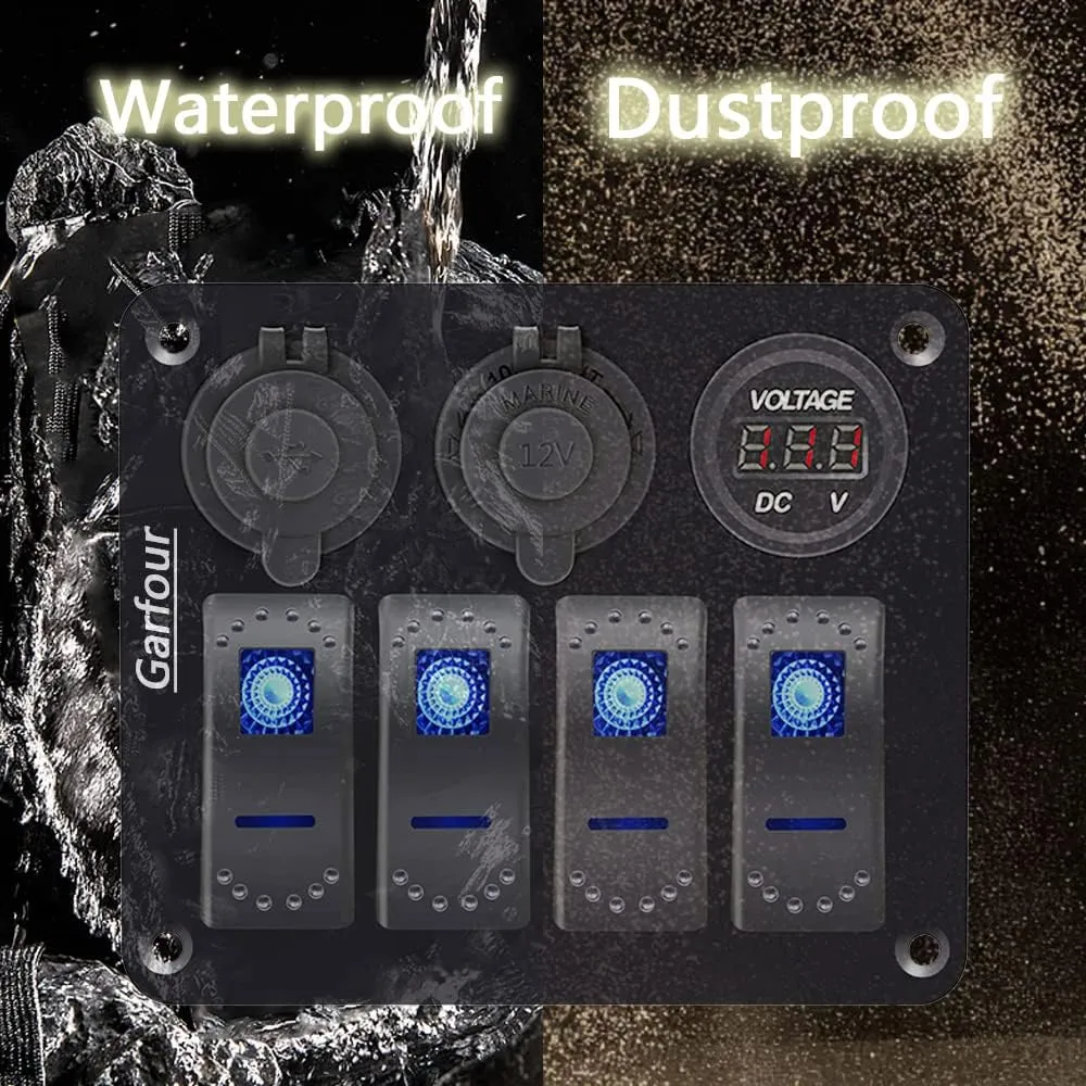 Marine Switch Panel IP65 Waterproof - 4 Gang Boat Switch Panel with 12V Voltmeter, 3.1A Dual USB Charger & Cigarette Lighter, Universal for Boats/RV/Trucks (Aluminum Panel   DIY Stickers)
