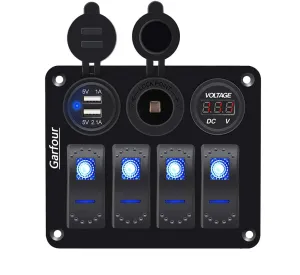 Marine Switch Panel IP65 Waterproof - 4 Gang Boat Switch Panel with 12V Voltmeter, 3.1A Dual USB Charger & Cigarette Lighter, Universal for Boats/RV/Trucks (Aluminum Panel   DIY Stickers)