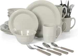 Martha Stewart 32 Piece Stoneware Dinnerware and Flatware Combo Set - Grey, Service for 4 (32pcs)