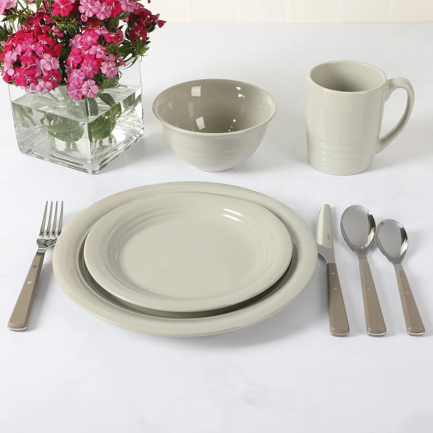 Martha Stewart 32 Piece Stoneware Dinnerware and Flatware Combo Set - Grey, Service for 4 (32pcs)