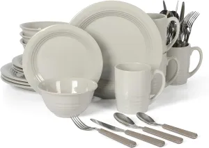 Martha Stewart 32 Piece Stoneware Dinnerware and Flatware Combo Set - Grey, Service for 4 (32pcs)