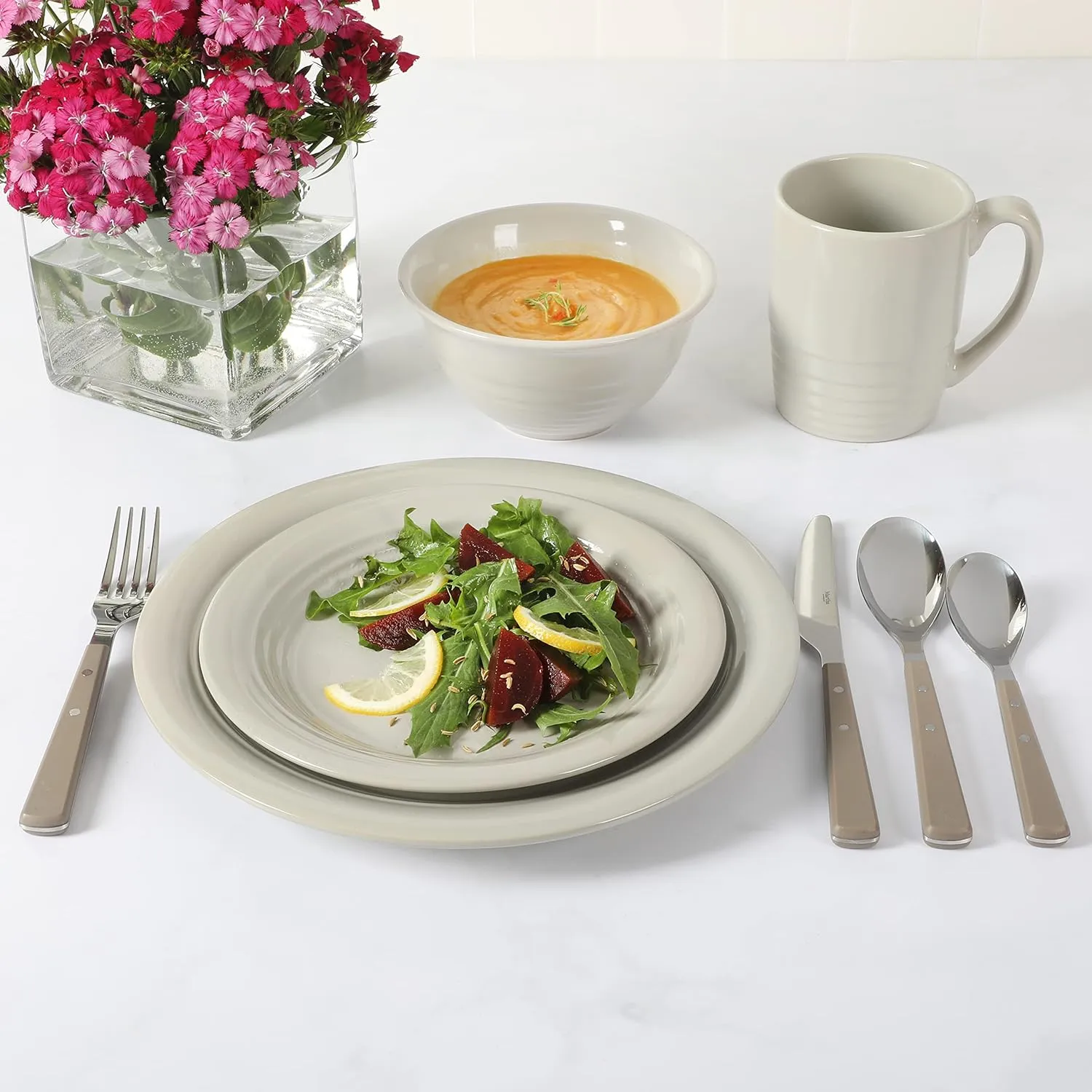 Martha Stewart 32 Piece Stoneware Dinnerware and Flatware Combo Set - Grey, Service for 4 (32pcs)